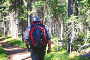 A man hiking in the woods to stay fit